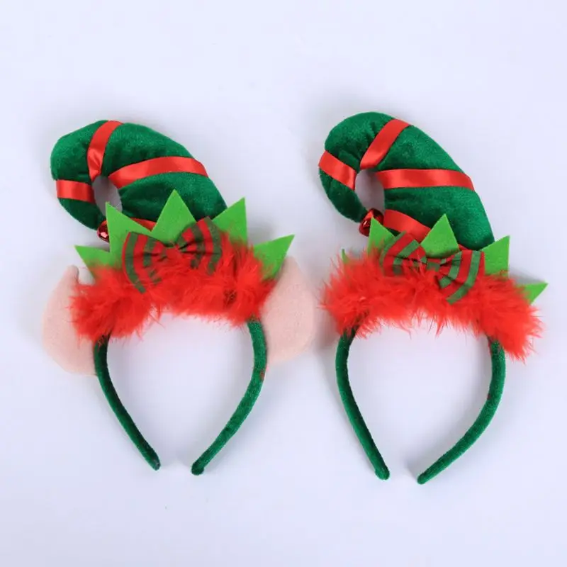 Children Adult Christmas Santa Elf Hat Hair Hoop Clasp Contrast Color Fluffy Bowknot Headband With Jingle Bell Cosplay Costume