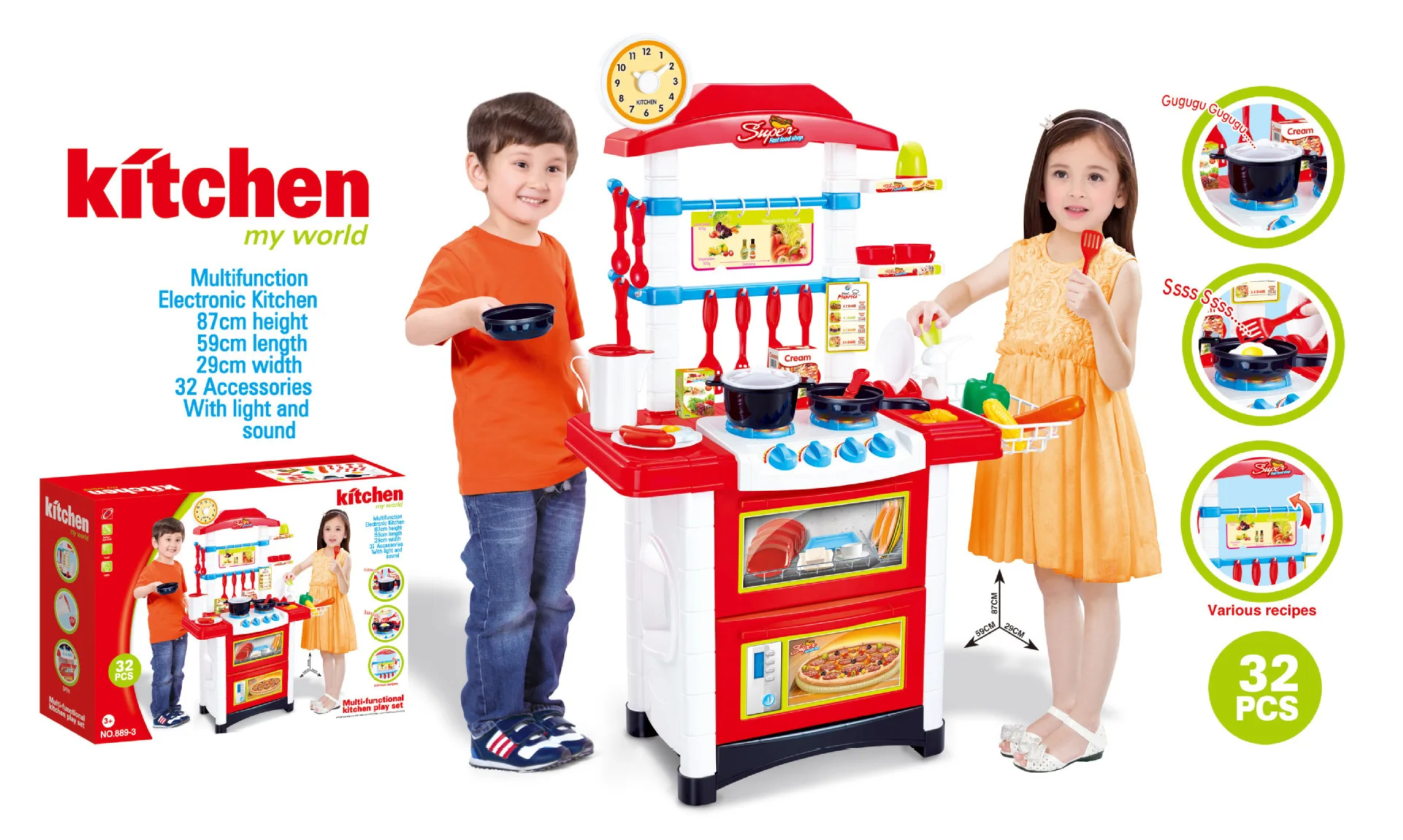  Large Size Children Smart Kitchen Play House Toys Dining Table Set with Light And Music Educational - 4000267363284