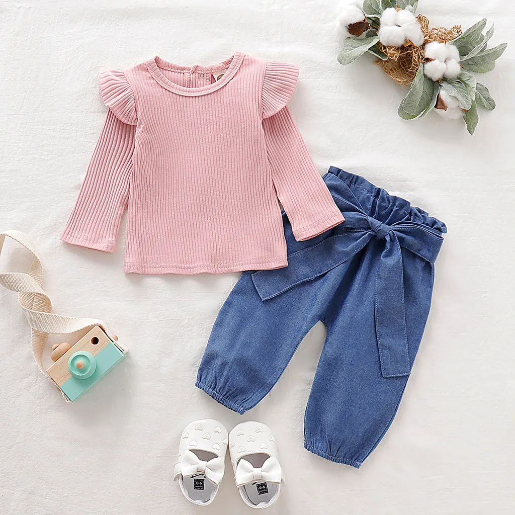 

2Pcs Newborn Baby Girl Clothes Long Sleeve Ruffle Knitted Wool T shirt Tops Denim Pants Warm Autumn Spring Outfits Clothing Set