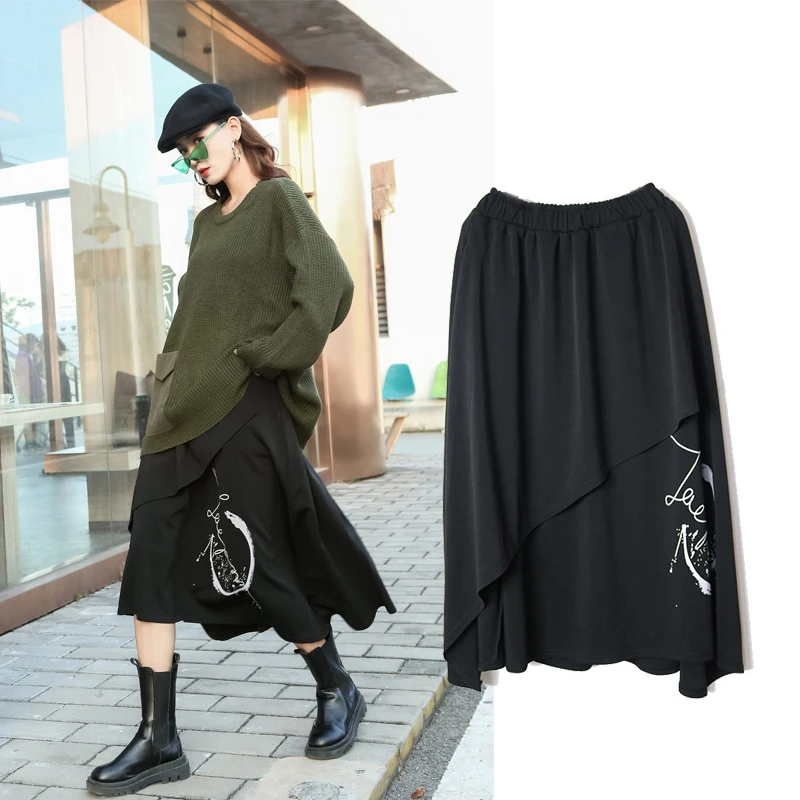 

High Elastic Waist Black Skirt Streetwear Irregular Hem Print Autumn Match All A-Line Skirt