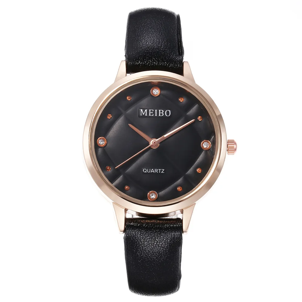 

2009 Fashion Ladies Leather Strap Watch Rivet Rhinestone Rose Gold Watch Female Watch Student Colock