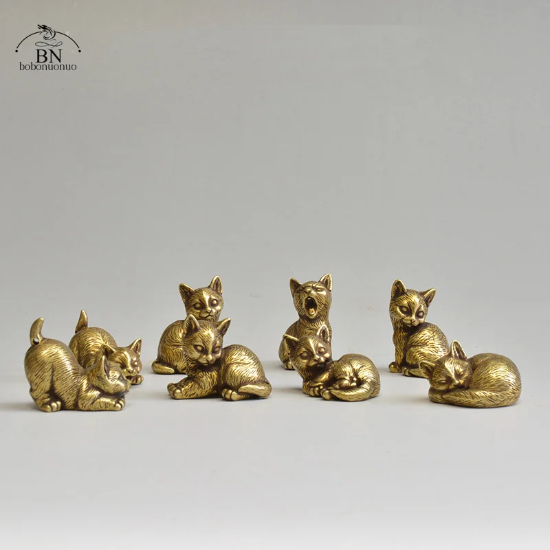 8 Styles Available Brass Cute Cats Figurines Miniatures Desktop Ornaments Classical Small Animal Tea Pet Home Decors Accessories vintage miniature animal figurines