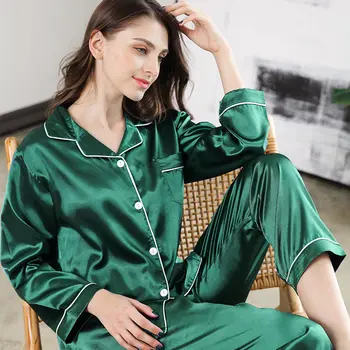 

2 Piece /lot Autumn Women Pajamas Set Long Sleeve Sleepwear Satin Silk pyjamas Pajamas Suit Female Homewear Nightwear Pijamas