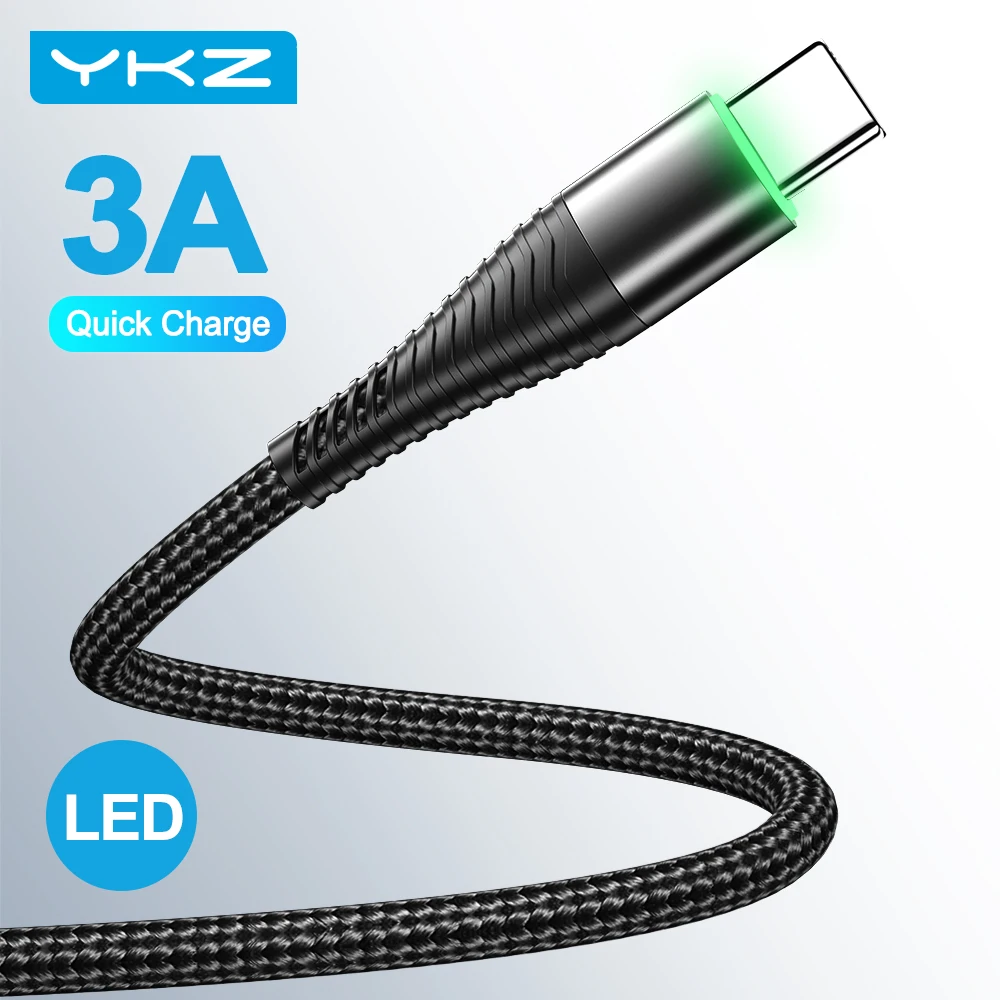 YKZ LED 3A USB Type C кабель быстрая зарядка провод для Samsung Galaxy Xiaomi Huawei мобильный телефон