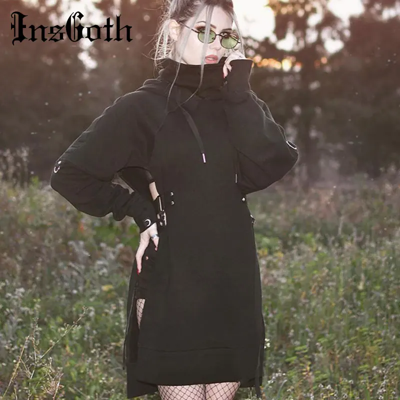 Comprar InsGoth mujer Sudadera con capucha larga Harujuku suelta gótico negro con capucha ahueca hacia fuera Sexy de encaje de retazos mujer Punk Hoodies