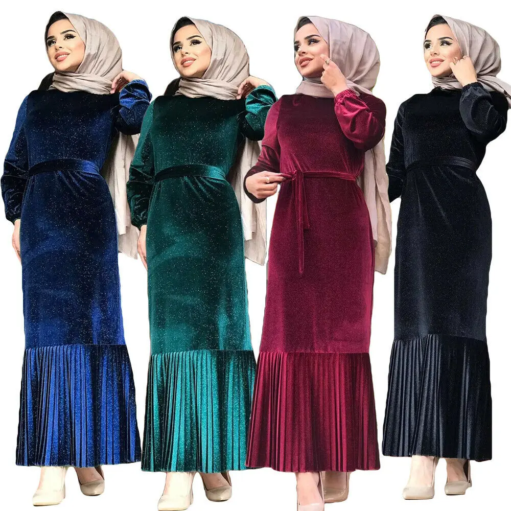 Mode Fluwelen Vrouwen Moslim Lange Mouwen Maxi Jurk Islamitische Vintage Kaftan Warm Winter Lange Gewaad Vintage Turkije Ramadan Dubai Nieuwe