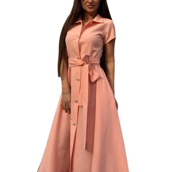 

Autumn Women Dress Office Lady With Belt Dress Lapel Button Lace Up Solid Color Long Dress
