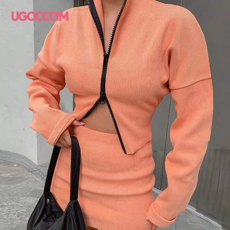 

UGOCCAM Two Piece Set Solid Sexy Zipper Bodycon Women Long Sleeve Top And Skirt Summer Autumn Sets Clubdress Outfits