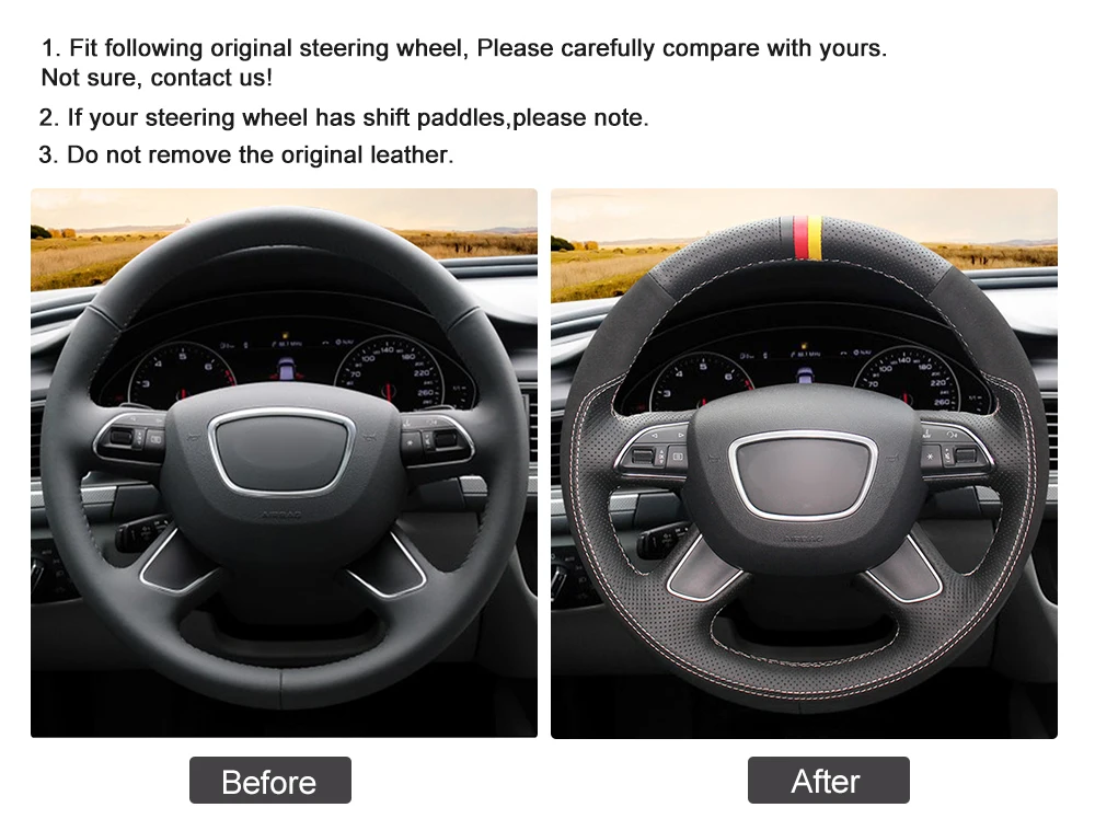 Hand-stitched Black Genuine Leather Suede Anti-slip Soft Car Steering Wheel Cover for Audi A4(B8) A6(C7) A7 A8 A8 L Allroad Q5