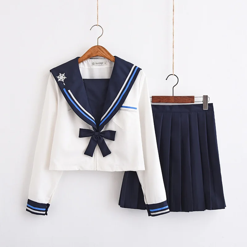 Japanese School Dress Uniforms Sailor Suit Cosplay Snowflake Embroidery School Uniform For Girls Students Anime Pleated Skirt - Цвет: Long-sleeved suit