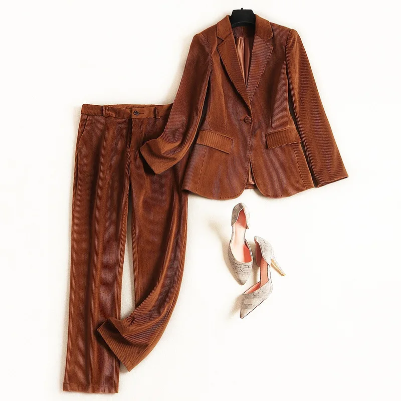 caramel colour Женские вельветовые штаны, костюмы, блейзеры, костюм, куртка, комплект из двух предметов, осень, офисный женский костюм, повседневный Британский ветряной костюм, комплекты для женщин - Цвет: caramel colour