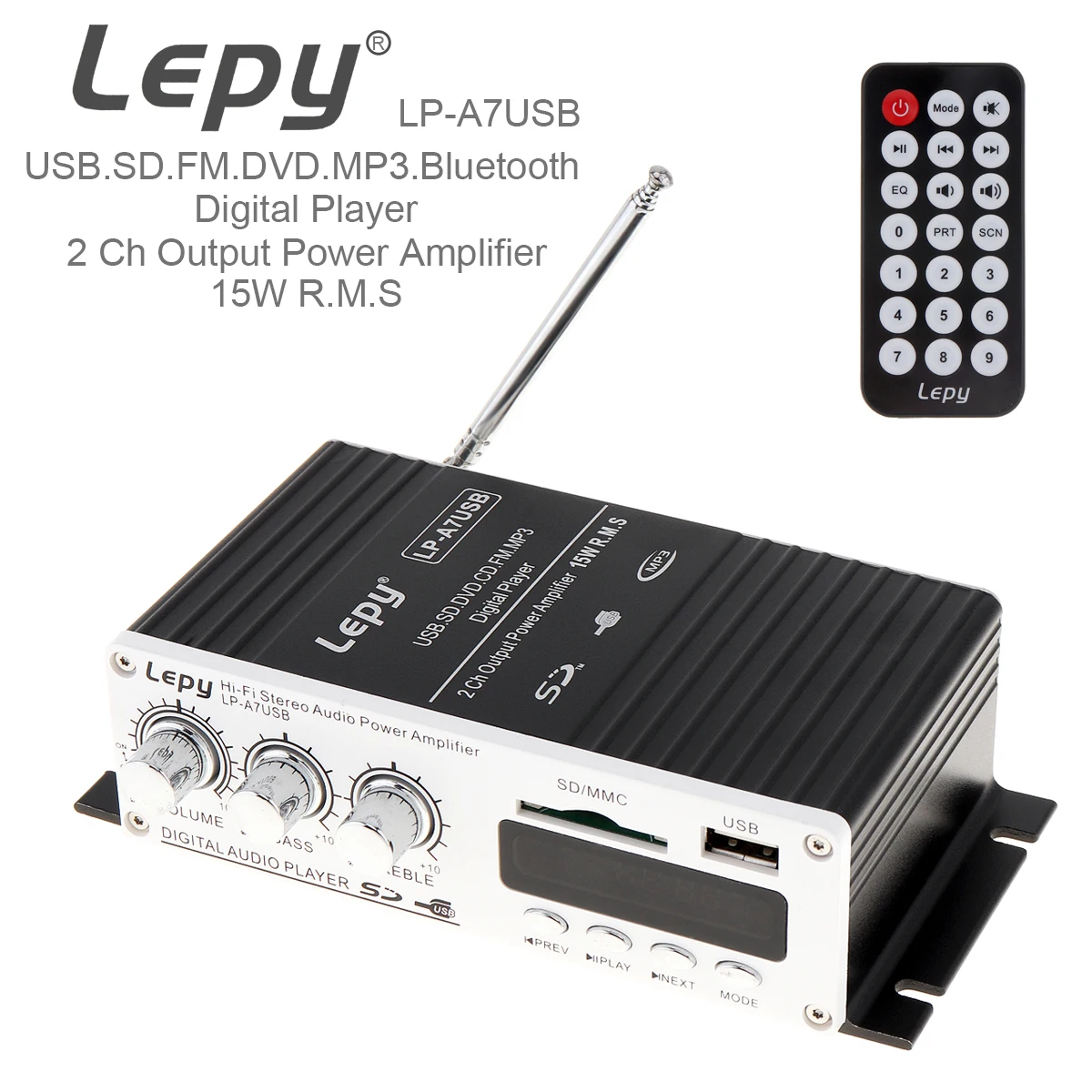 Tanie DC12V 5A samochodowy wzmacniacz audio Bluetooth samochodowy Mini Hi Fi wzmacniacz audio stereo USB SD DVD CD FM MP3 z pilotem do samochodu