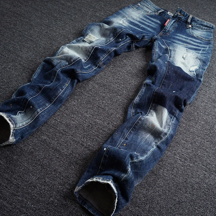 Итальянские модные мужские джинсы, ретро дизайн, сплайсированные тонкие рваные джинсы, Мужские штаны в стиле хип-хоп, высокое качество, уличная одежда, байкерские джинсы, Homme