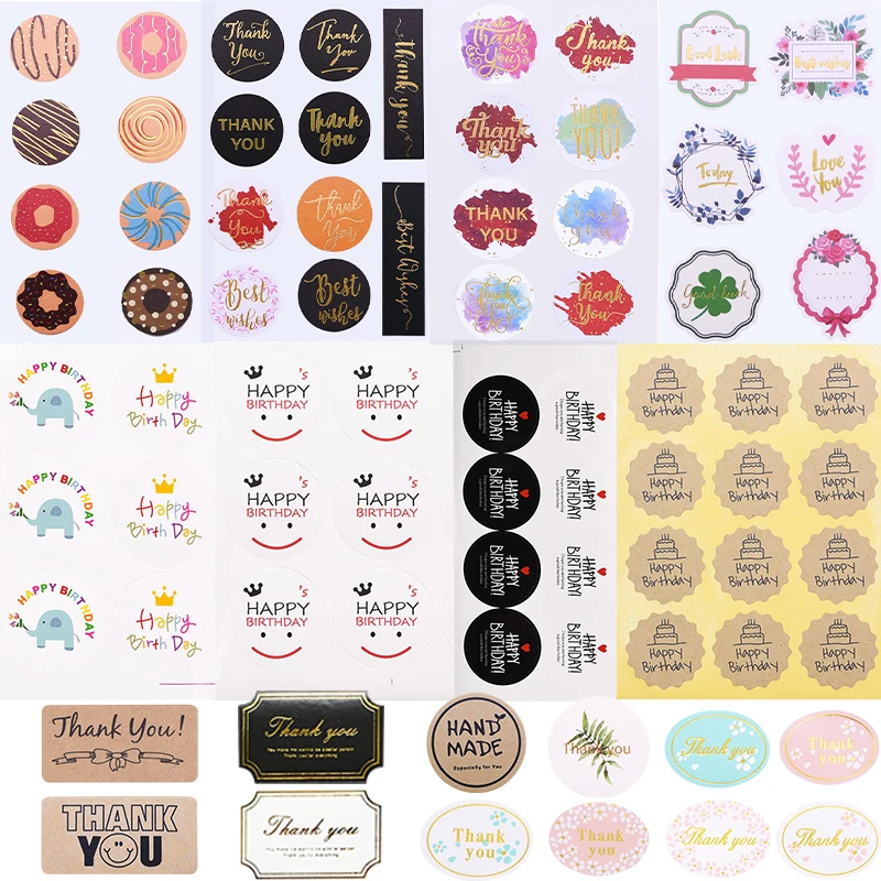 5 sheets Birthday Sticker Labels Round thank you Adhesive Gift Tags Wrap Label Kraft Seal Sticker for Baking Gift Label Stickers