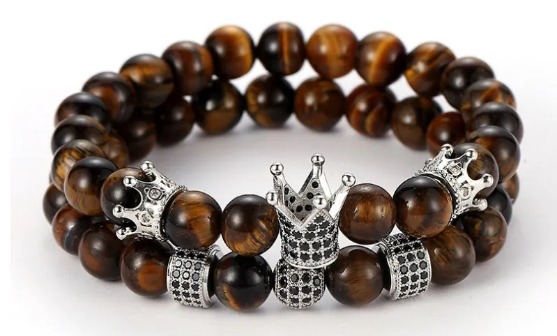 8 мм 2 шт./компл. tgdf4r эластичные отрегулировать природа Тайгерай бисера micro pave cz Циркон кубического циркония браслет с шармом с короной