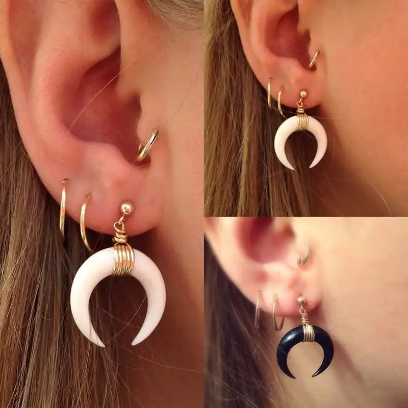 1Pair Stylish Double Horn Earrings Women Upside Down Moon Earrings Jewelry