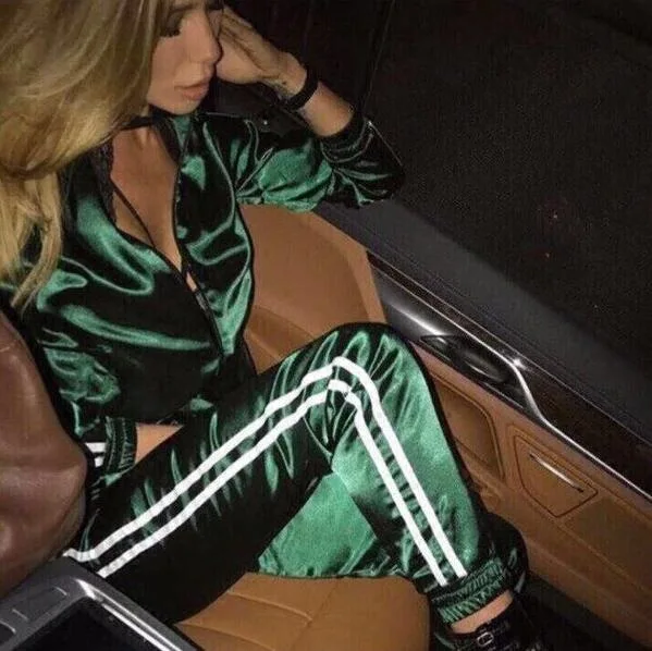 

Sexy Sweatshirt Sweat Suit Fall 2019 Casaul Tracksuit Women 2 Piece Patchwork Zipper Set Top And Pants Satin Striped