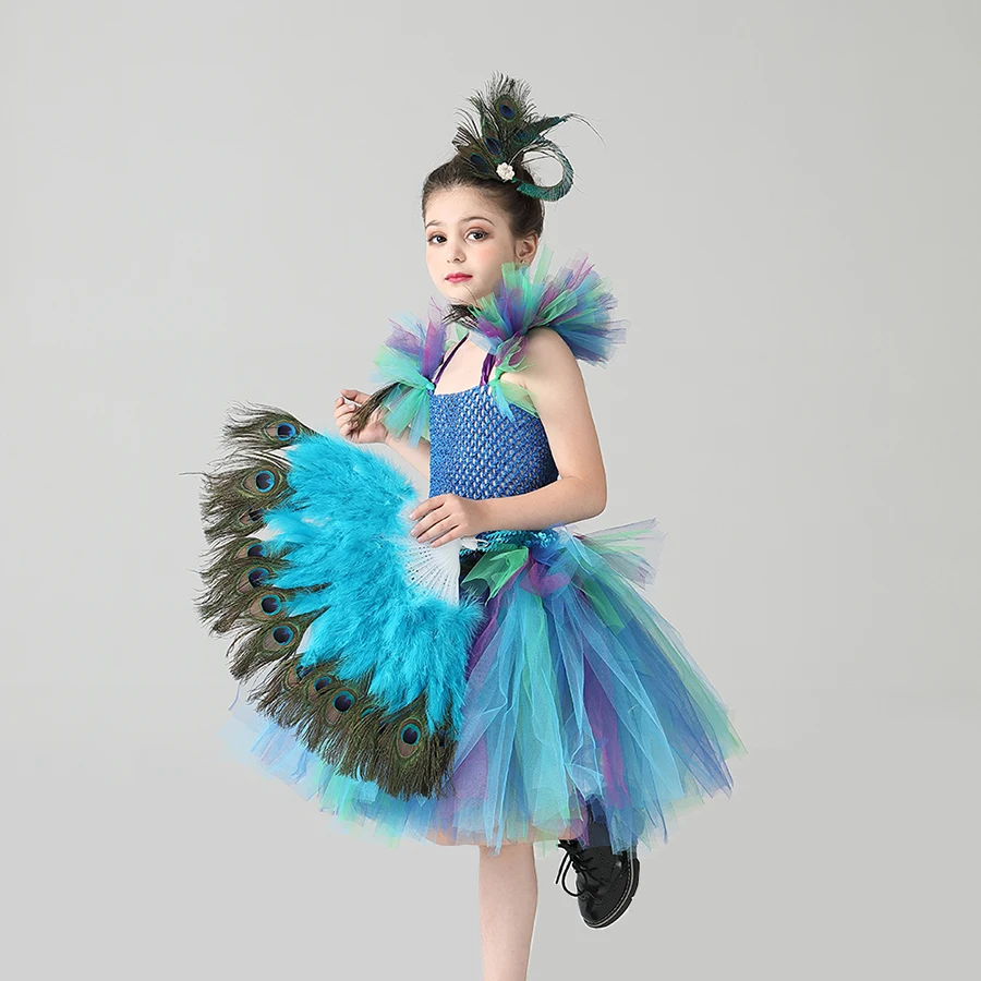 Couture Royal Peacock Girls Tutu Dress with Feather Clip Peacock Bird Carnival Fancy Dress for Kid Halloween Party Purim Costume (6)