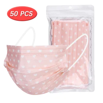 

50Pcs Disposable Face Mask Love Heart Print Non-Woven 3 Layer Face Masks For Germ Protection For Adults Mascarillas Flag Bandana
