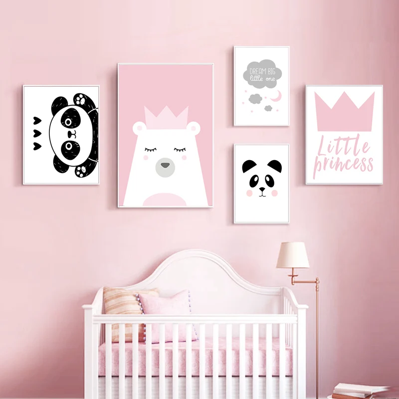 Baby Nursery Wall Art Canvas Poster Pink Cartoon Print Picture Girls Room Decor 