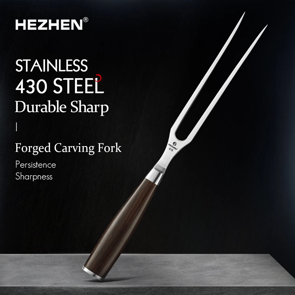 HEZHEN Classic Series Forged Carving Fork Outdoor Barbecue Tool BBQ Meat Fork Kitchen Tools Ebony Handle Gift box Barbecue