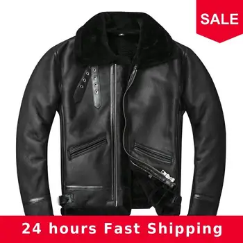 

2020 Black Men American Military B3 Bomber Shearling Jacket Plus Size XXXXL Genuine Sheepskin Winter Natural Leather Coat