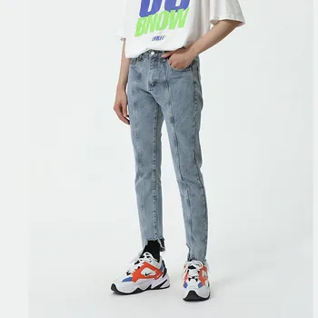 

Men Vintage Broken Hem Casual Ankle-length Jeans Pant Male Japan Korea Style Streetwear Hip Hop Slim Fit Denim Trousers