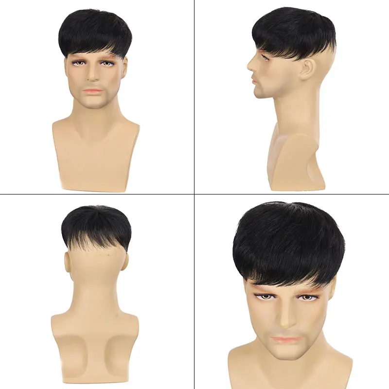 New Wigs for Men's Male Short Black Wig Natural Human Hair Crew Cut Hair  Style for Young Man Balding Sparse Hair