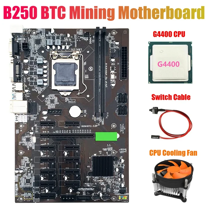 B250 BTC Mining Motherboard with G4400 CPU+Cooling Fan+Switch Cable 12XGraphics Card Slot LGA 1151 DDR4 USB3.0 for | Компьютеры и офис