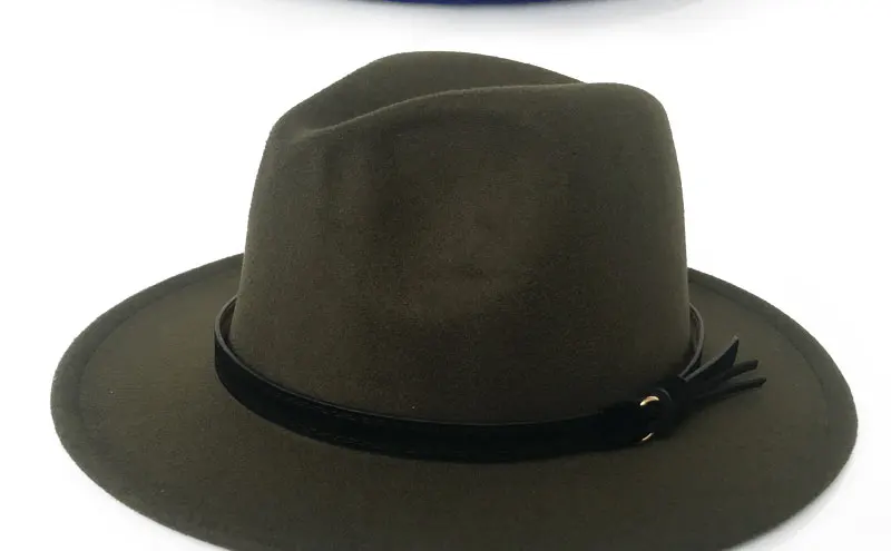 YY черный кожаный ремень Fedora шляпа для мужчин зимняя винтажная фетровая шляпка винтажная Трилби женские церковные шляпы Chapeau Femme Feutre FD19020