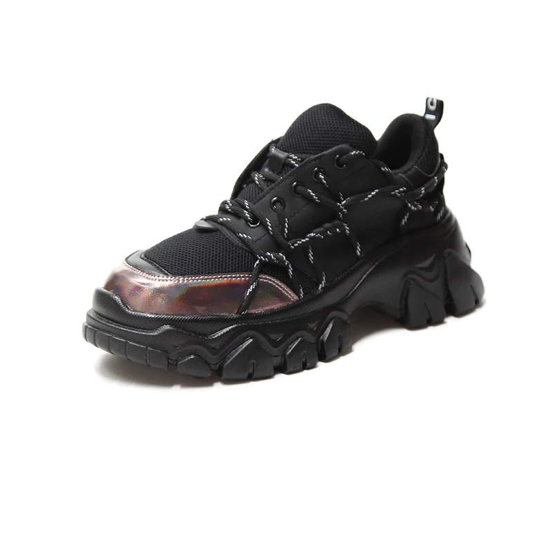 Fujin/Женская Вулканизированная обувь; сезон весна; Прямая поставка; повседневная обувь из сетчатого материала с перекрестной шнуровкой; смешанные цвета; модная женская Вулканизированная обувь на толстой подошве - Цвет: Черный