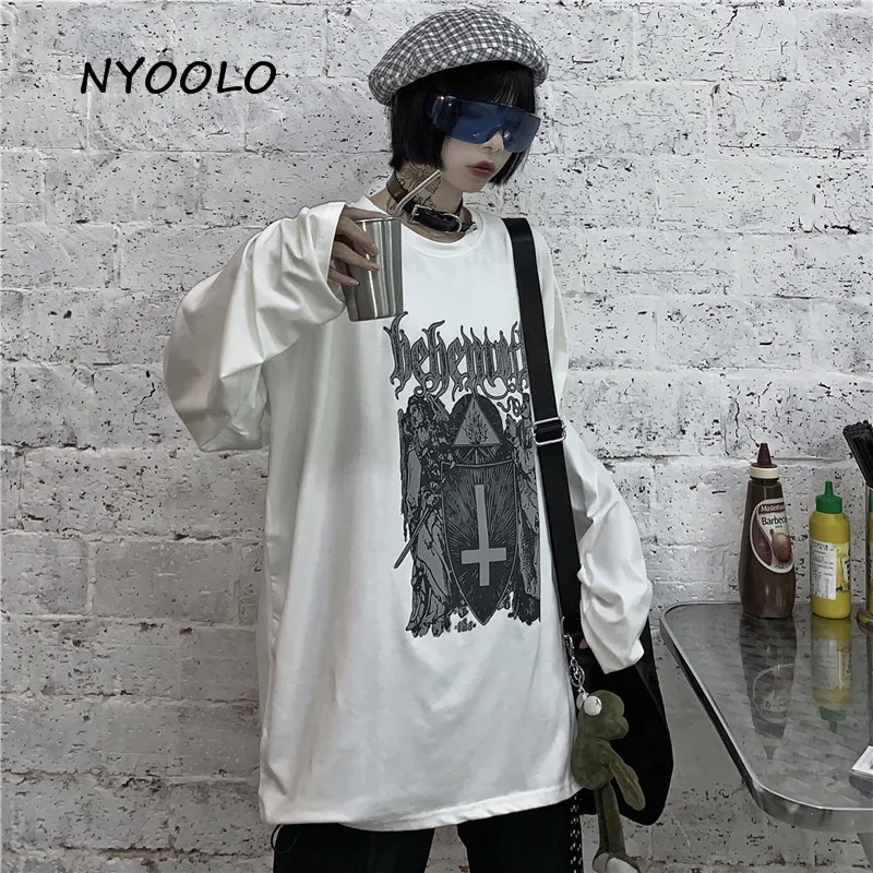 NYOOLO Harajuku винтажная религиозная футболка с буквенным принтом, осенняя уличная свободная футболка с длинными рукавами, Женская Мужская одежда, Топ