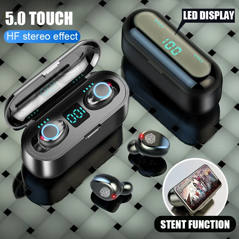 Photo Product F9 Wireless Earphone Bluetooth V5.0 TWS HD Stereo Earbuds Bluetooth Earphone LED Display 2000mAh Charging Box With Microphone