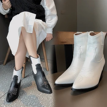 

PU Leather Women Boots Slip-On Chelsea Boots Fashion Pointed Toe Ankle Boots for Women Female High Heels Shoes Woman 34-43 Size