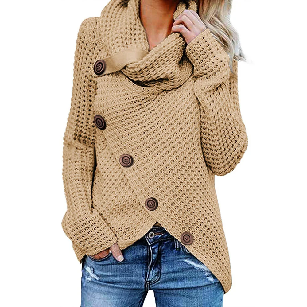 

Women's Pullovers Buckle Decoration Irregular Pure Color Pullover Turtleneck Warm Tops