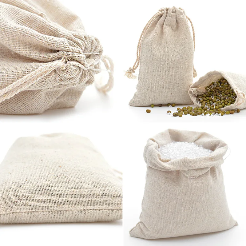 50pcs/Lot Natural Linen Cotton Bags Big Drawstring Gift Pouches Home Storage Christmas Wedding Packaging Bag Custom Print Logo