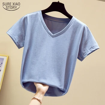 

New Solid 8 Colors V-color Short Sleeve Casual Plus Size Tshirt 2020 Summer Women Cotton T Shirt S-5XL Shirts Ladies Tops 9486