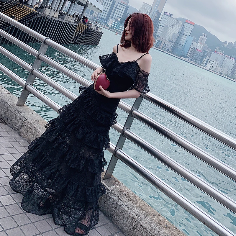 BGW Vestido Longo Festa Noite черное кружевное Многоуровневое вечернее платье сексуальное V образным вырезом с короткими рукавами Спагетти ремень молния сзади - Color: Black 1