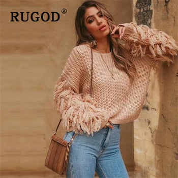 

RUGOD Tassel sleeve knitted women dress 2019 Winter auturm round neck office ladies pullovers Fashion cropped jumper pull tops