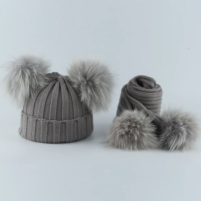 Children Real Natural Fur Pompom Hat Baby Kids Winter Knitted Hat And Scarf Set Boys Girls 4 pieces Pom Pom Beanie Cap