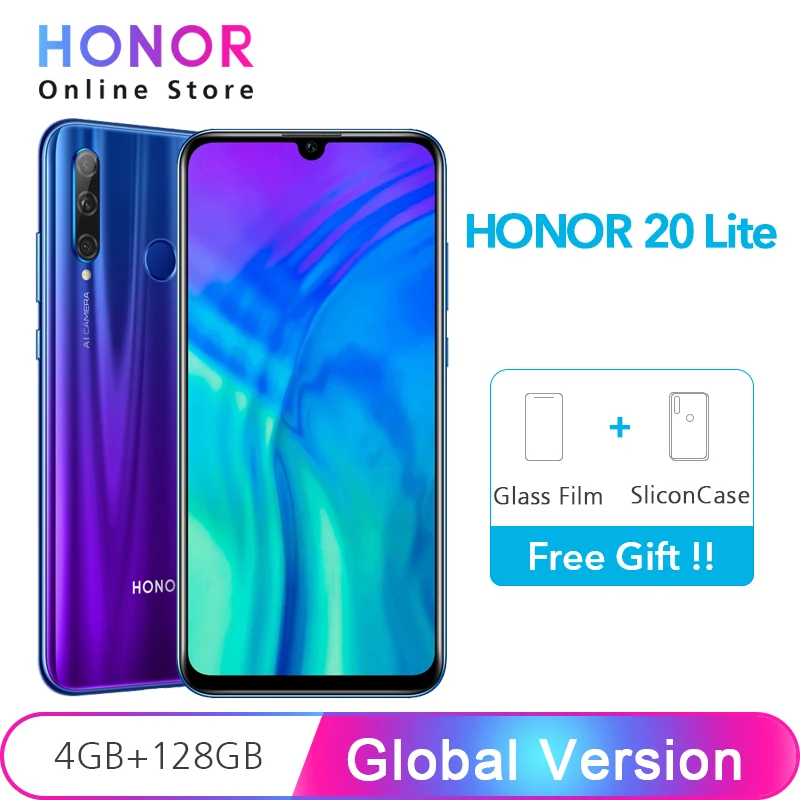 Оригинальная глобальная версия Honor 20 Lite 4 Гб 128 Гб Смартфон NFC 32 МП фронтальная камера Kirin 710 Восьмиядерный 3400 мАч Android 9,0