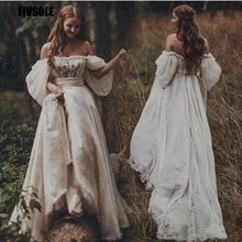 

Fivsole 2021 Boho Chiffon A Line Wedding Dress Off The Shoulder Puff Short Sleeve Long Train Appliques Bridal Gown Custom Size