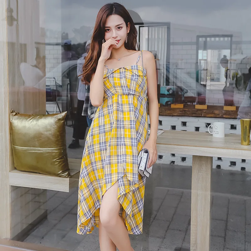 

Spring Summer New Style Dress Women's off-Shoulder Camisole over-the-Knee Slimming Base Plaid Skirt