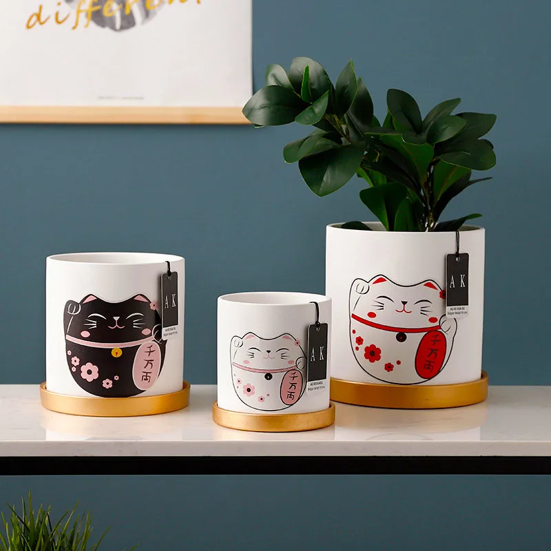 

Succulent Green Plant Potted Pottery White Ceramic Flower Pot Green Dill Cute Cat Nordic Cartoon Living Room Flower Pot planter