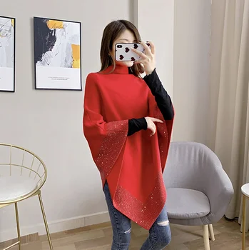

Fashion Drilling Crystal Rhinestone Solid Batwing Cape Smock Warm High Neck Loose Cloak Poncho Sweater Knit Coat Outwear Jumper