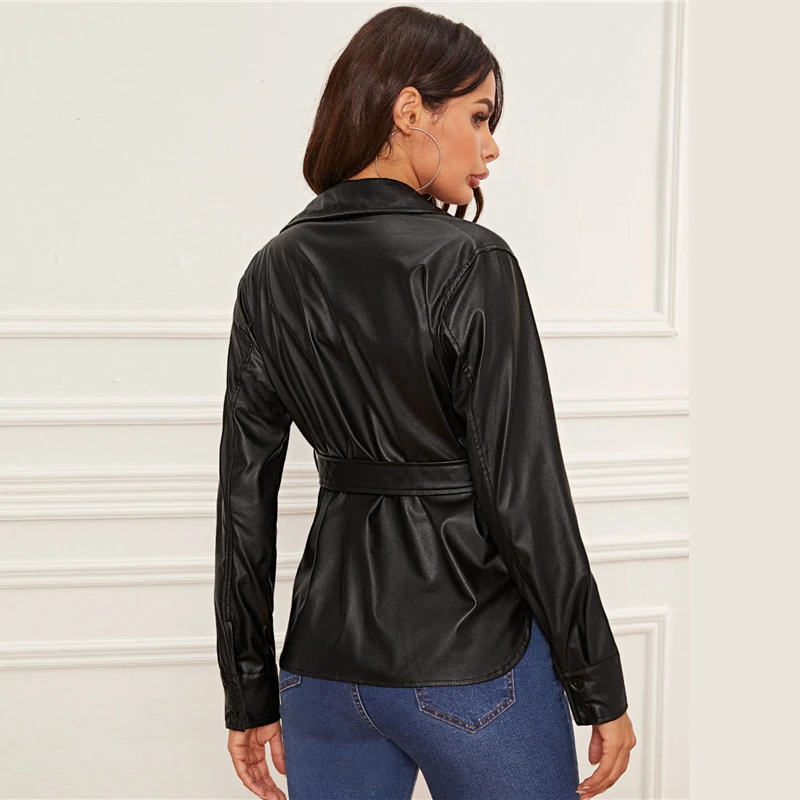 Sheinside черная Повседневная Женская куртка из искусственной кожи на пуговицах с поясом осенние куртки с боковыми разрезами женская верхняя одежда с черной отделкой