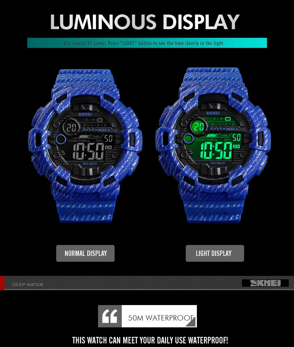 SKMEI 1472 Men Alarm Clock Fashion Sport Watch Cowboy Waterproof Week Display Men Watches Denim Digital Watch relogio masculino