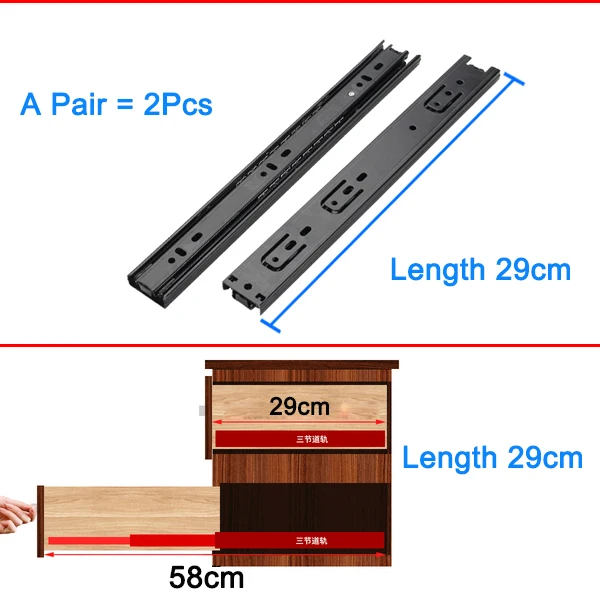 Black Sliding Rails For Drawers Three Drawer Steel Ball Slide