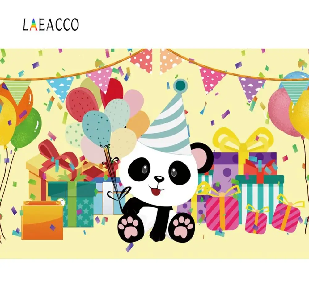 

Laeacco Happy Baby's Panda Birthday Party Gift Balloons Banner Portrait Photo Background Photographic Backdrop Photo Studio
