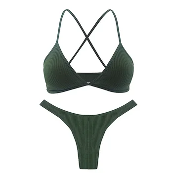 

2020 Hot Sale Women Lingerie Set Solid Color V-neck Ladies Bralette Thong Set Striped Cotton Cross Back Femme Underwear Set